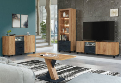 Furneo Living Room Set Tv Stand Display Cabinet Sideboard Coffee Table Oak & Black Concrete Effect White Led Lights Enzo 2/4/6/8 - image 1