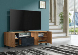 Furneo Living Room Set Tv Stand Display Cabinet Sideboard Coffee Table Oak & Black Concrete Effect White Led Lights Enzo 2/4/6/8 - thumbnail 2
