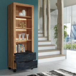 Furneo Living Room Set Tv Stand Display Cabinet Sideboard Coffee Table Oak & Black Concrete Effect White Led Lights Enzo 2/4/6/8 - thumbnail 4