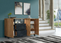 Furneo Living Room Set Tv Stand Display Cabinet Sideboard Coffee Table Oak & Black Concrete Effect White Led Lights Enzo 2/4/6/8 - thumbnail 6