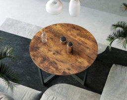 Songmics Industrial Living Room Piece, Round Steel Frame Coffee Table, Rustic Brown And Black - thumbnail 4