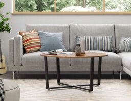 Songmics Industrial Living Room Piece, Round Steel Frame Coffee Table, Rustic Brown And Black - thumbnail 3