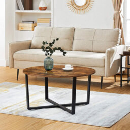 Songmics Industrial Living Room Piece, Round Steel Frame Coffee Table, Rustic Brown And Black - thumbnail 1