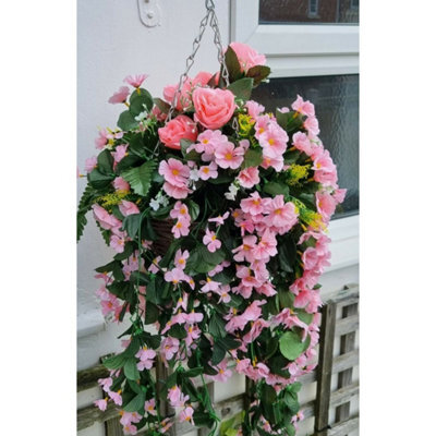 Hanging Basket Artificial Plants Flowers Green Rose Grass Ivy Leaf Fern Foliage - 2 Hanging Baskets - image 1