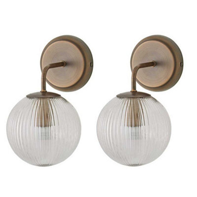 Valuelights Kempton Pair Of Brushed Brass Wall Lights With Ribbed Globe Shade - image 1