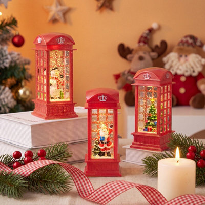 Living And Home 3 Pack Christmas Red Telephone Box Snow Globe Led Lantern Festive Tabletop Decoration - image 1