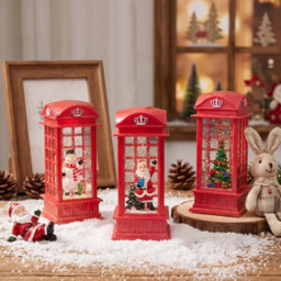 Living And Home 3 Pack Christmas Red Telephone Box Snow Globe Led Lantern Festive Tabletop Decoration - thumbnail 3