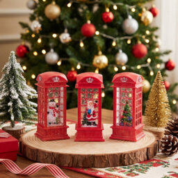 Living And Home 3 Pack Christmas Red Telephone Box Snow Globe Led Lantern Festive Tabletop Decoration - thumbnail 2