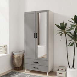 Urbn-Living Urbnliving 180Cm Height White Mirror Wardrobe With Grey 2 Door 2 Drawer Bedroom Clothes Storage Hanging Rail - thumbnail 1