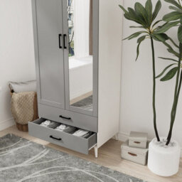 Urbn-Living Urbnliving 180Cm Height White Mirror Wardrobe With Grey 2 Door 2 Drawer Bedroom Clothes Storage Hanging Rail - thumbnail 2