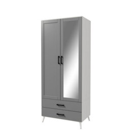 Urbn-Living Urbnliving 180Cm Height White Mirror Wardrobe With Grey 2 Door 2 Drawer Bedroom Clothes Storage Hanging Rail - thumbnail 4