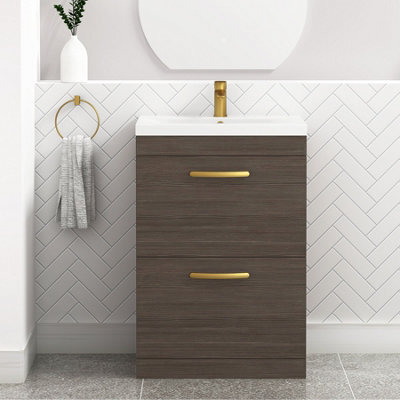 Royal Bathrooms Turin Grey Elm 600mm Floor Standing Vanity Unit 2 Drawer With Mid-Edge Basin Sink & Brushed Brass Handles - image 1