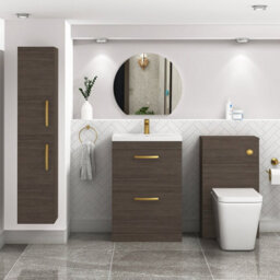 Royal Bathrooms Turin Grey Elm 600mm Floor Standing Vanity Unit 2 Drawer With Mid-Edge Basin Sink & Brushed Brass Handles - thumbnail 4