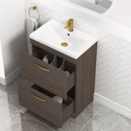 Royal Bathrooms Turin Grey Elm 600mm Floor Standing Vanity Unit 2 Drawer With Mid-Edge Basin Sink & Brushed Brass Handles - thumbnail 5
