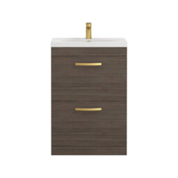 Royal Bathrooms Turin Grey Elm 600mm Floor Standing Vanity Unit 2 Drawer With Mid-Edge Basin Sink & Brushed Brass Handles - thumbnail 6
