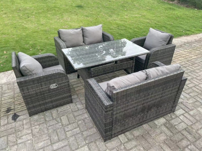 Fimous 6 Seater Rattan Garden Furniture Set Reclining Chair 2 Seater Love Sofa Set Outdoor Rectangular Dining Table - image 1