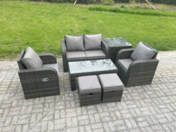 Fimous 6 Seater Rattan Lounge Sofa Set Outdoor Garden Furniture Set With Rectangular Coffee Table Love Sofa Side Table - thumbnail 2