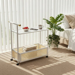 Living And Home 2-Tier Cream White Rolling Bamboo Side Table With Side Handle, 40Cm W X 70Cm D X 72Cm H - thumbnail 1