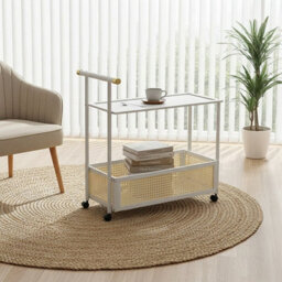 Living And Home 2-Tier Cream White Rolling Bamboo Side Table With Side Handle, 40Cm W X 70Cm D X 72Cm H - thumbnail 2