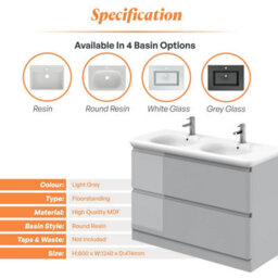 Plum&clay Marvel Gloss Light Grey Floor Standing Bathroom Vanity Unit With Round Resin Basin (W)1200mm - thumbnail 4