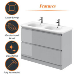 Plum&clay Marvel Gloss Light Grey Floor Standing Bathroom Vanity Unit With Round Resin Basin (W)1200mm - thumbnail 5