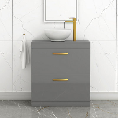 Royal Bathrooms 800mm Floor Standing Vanity Unit 2 Drawer Indigo Grey Gloss & Countertop Basin - Breeze With Brushed Brass Handle - image 1