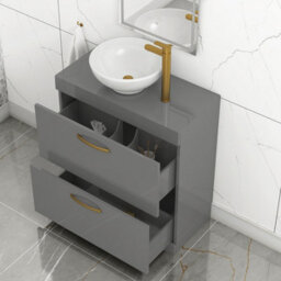 Royal Bathrooms 800mm Floor Standing Vanity Unit 2 Drawer Indigo Grey Gloss & Countertop Basin - Breeze With Brushed Brass Handle - thumbnail 3