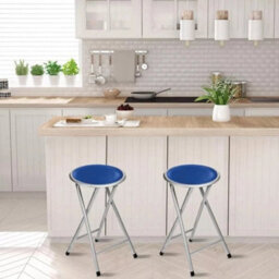 Blue Portable Folding Round Stool Metal Frame Padded Seat For Kitchen - thumbnail 4