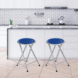 Blue Portable Folding Round Stool Metal Frame Padded Seat For Kitchen - thumbnail 5