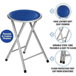 Blue Portable Folding Round Stool Metal Frame Padded Seat For Kitchen - thumbnail 2