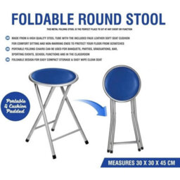 Blue Portable Folding Round Stool Metal Frame Padded Seat For Kitchen - thumbnail 3