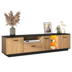 Btm Tv Cabinet With Drawer, 3 Doors And Glass Compartments, Lowboard With Fine Texture And 16Color Led, Black Or Natural - thumbnail 1