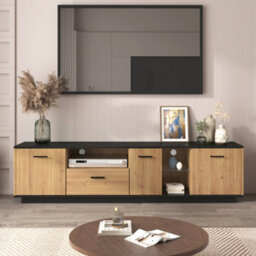 Btm Tv Cabinet With Drawer, 3 Doors And Glass Compartments, Lowboard With Fine Texture And 16Color Led, Black Or Natural - thumbnail 2