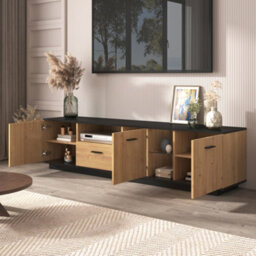 Btm Tv Cabinet With Drawer, 3 Doors And Glass Compartments, Lowboard With Fine Texture And 16Color Led, Black Or Natural - thumbnail 5