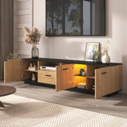 Btm Tv Cabinet With Drawer, 3 Doors And Glass Compartments, Lowboard With Fine Texture And 16Color Led, Black Or Natural - thumbnail 6