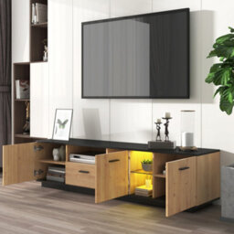 Btm Tv Cabinet With Drawer, 3 Doors And Glass Compartments, Lowboard With Fine Texture And 16Color Led, Black Or Natural - thumbnail 9