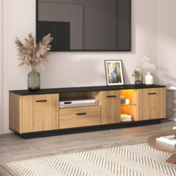Btm Tv Cabinet With Drawer, 3 Doors And Glass Compartments, Lowboard With Fine Texture And 16Color Led, Black Or Natural - thumbnail 7