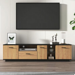 Btm Tv Cabinet With Drawer, 3 Doors And Glass Compartments, Lowboard With Fine Texture And 16Color Led, Black Or Natural - thumbnail 8