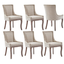 HomeTouch Set Of 6 Luxe Upholstered Dining Chairs, Plush Comfort Kitchen Chairs With Vintage Nailhead Trim & Oak Wood Legs Beige