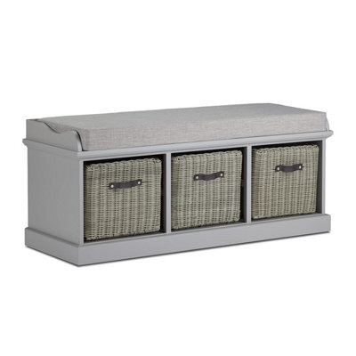 Statement Furniture Tetbury Bench With 3 Grey Faux Rattan Baskets And Grey Cushion- Dove Grey - image 1