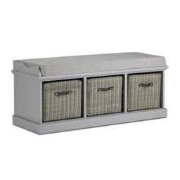 Statement Furniture Tetbury Bench With 3 Grey Faux Rattan Baskets And Grey Cushion- Dove Grey