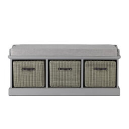 Statement Furniture Tetbury Bench With 3 Grey Faux Rattan Baskets And Grey Cushion- Dove Grey - thumbnail 2