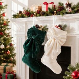 CLEFFNS 5Pcs Velvet Christmas Stocking, Hanging Ornament Decor Xmas Stockings With Large Velvet Bow, Luxury Hanging Stocking For Fireplace - thumbnail 7