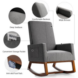 Gainoom Modern Grey Rocking Chair Upholstered Fabric Leisure Armchair With Rubber Wood Base - thumbnail 6