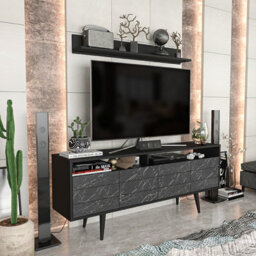 Decorotika Ola 160Cm Wide Tv Stand Media Console With Wall Shelf For Tvs Up To 72 Inch Black And Black Marble Effect - thumbnail 3