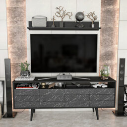 Decorotika Ola 160Cm Wide Tv Stand Media Console With Wall Shelf For Tvs Up To 72 Inch Black And Black Marble Effect - thumbnail 1