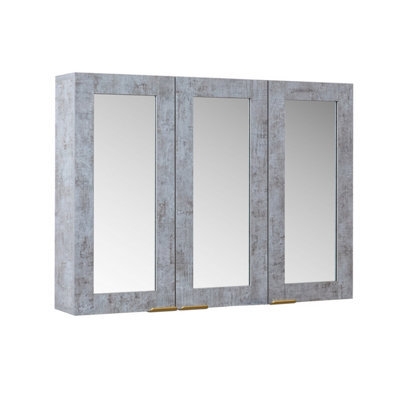 Homestylestore 900 X 650mm Concrete Grey Wall Mounted Mirrored Door Bathroom Cabinet And Brushed Brass Finger Pull Handles - image 1
