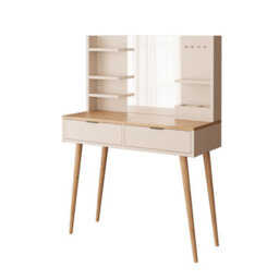 Vanity Dressing Table With Mirror & Shelves, 2 Drawer Makeup Desk With Wooden Legs (Bella, Oak-Light Grey) - thumbnail 5
