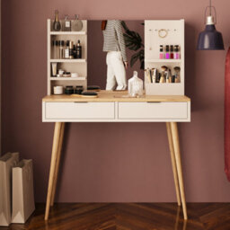 Vanity Dressing Table With Mirror & Shelves, 2 Drawer Makeup Desk With Wooden Legs (Bella, Oak-Light Grey) - thumbnail 1