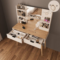 Vanity Dressing Table With Mirror & Shelves, 2 Drawer Makeup Desk With Wooden Legs (Bella, Oak-Light Grey) - thumbnail 3